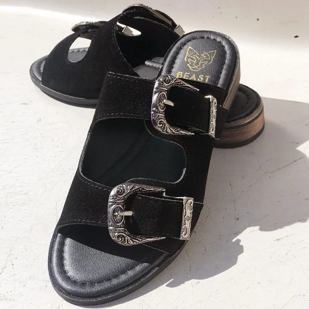 NEW Black Faux Suede Western Metal Buckled Straps Slides Slip On Sandals Shoes - Picture 3 of 12
